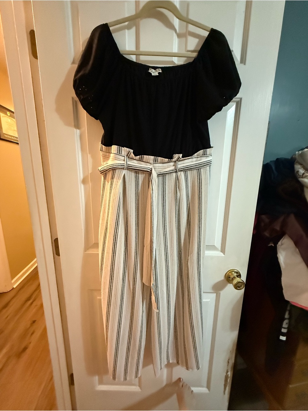 Knitworks Black Top with Cream and Black Striped Wide-Leg Jumpsuit